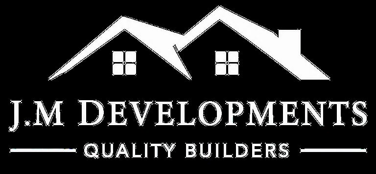 J.M Developments Quality Builders logo featuring two house silhouettes with windows