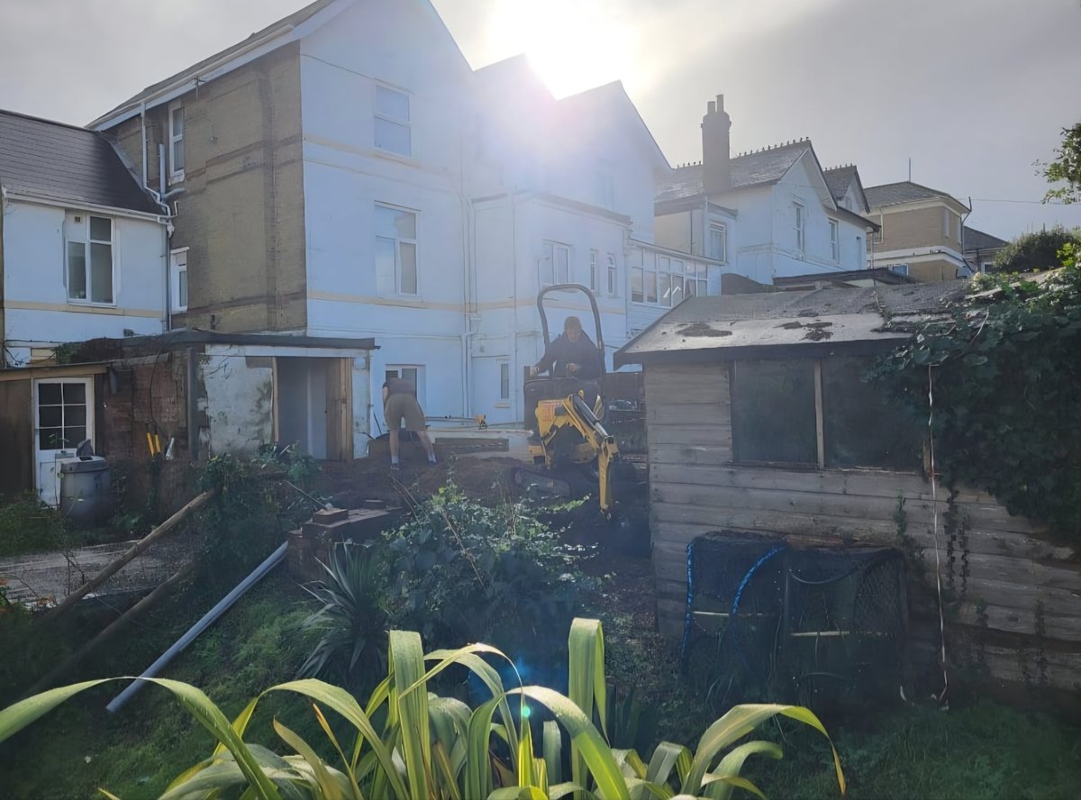 Residential backyard with overgrown vegetation, garden plants, wooden sheds, and brick row houses in background under cloudy sky
